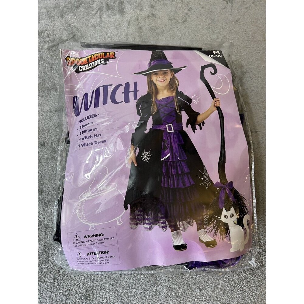 Halloween Costume 8-10 Purple Black Girl Witch Dress Children Cosplay Hat Broom